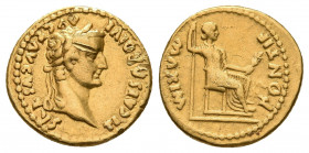 Tiberius, 14-37 AD. AV, Aureus. Lugdunum (Lyon) mint. Group 4. 
TI CAESAR DIVI AVG F AVGVSTVS. 
Laureate head of Tiberius, right. 
Rev: PONTIF MAXIM. ...