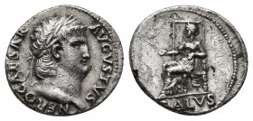 Nero, 54-68 AD. AR, Denarius. Rome.
Obv: NERO CAESAR AVGVSTVS.
Laureate head of Nero, right.
Rev: SALVS.
Salus seated left on throne, holding patera.
...