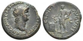 Nero, 54-68 AD. AE, As. Rome.
Obv: NERO CLAVD CAESAR AVG GER P M TR P IMP PP.
Radiate head of Nero, right.
Rev: GENIO AVGVSTI.
Genius standing lef...