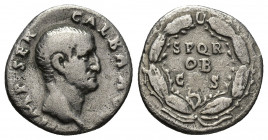Galba, 68-69 AD. AR, Denarius. Rome.
Obv: IMP SER GALBA AVG.
Bare head of Galba, right.
Rev: SPQR OB C S in three lines within oak wreath.
RIC 167.
Co...