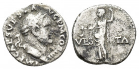 Vespasian, 69-79 AD. AR, Denarius. Rome.
Obv: IMP CAES VESP AVG P M COS IIII.
Laureate head of Vespasian, right.
Rev: VES-TA.
Vesta standing left, hol...