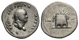 Vespasian, 69-79 AD. AR, Denarius. Rome. 
Obv: CAESAR VESPASIANVS AVG. 
Laureate head of Vespasian, right. 
Rev: IMP XI[.]. 
Modius containing five up...