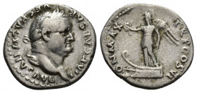 Vespasian, 69-79 AD. AR, Denarius. Rome.
Obv: IMP CAESAR VESPASIANVS AVG.
Laureate head of Vespasian, right.
Rev. PON MAX – TR P COS VI.
Victory s...
