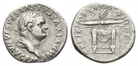 Titus, 79-81 AD. Rome. AR, Denar.
Obv: IMP TITVS CAES VESPASIAN AVG P M.
Laureate head of Titus, right.
Rev: TR P IX IMP XV COS VIII P P.
Thunderb...