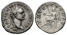 Domitian, 81-96 AD. AR, Denarius. Rome.
Obv: Laureate head of Domitian, right. 
Rev: Victory seated left, holding patera and palm-branch.
Apparently u...
