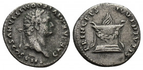 Domitian, 81-96 AD. AR, Denarius. Rome.
Obv: CAESAR DIVI F DOMITIANVS COS VII.
Laureate head of Domitian, right.
Rev: PRINCEPS IVVENTVTIS.
Altar, garl...