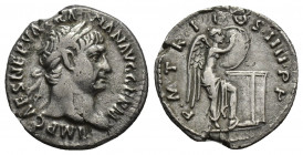 Trajan, 98-117 AD. AR, Denarius. Rome.
Obv. IMP CAES NERVA TRAIAN AVG GERM.
Laureate head of Nerva, right.
Rev. P M TR P COS IIII P P. 
Victory standi...