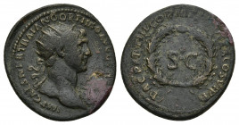 TRAJAN (98-117). As. Rome mint, for circulation in Syria.
Obv: IMP CAES NER TRAIANO OPTIMO AVG GERM.
Radiate and draped bust of Trajan, right.
Rev:...