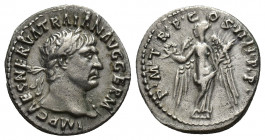 Trajan, 98-117 AD. AR, Denarius. Rome. 
Obv: IMP CAES NERVA TRAIAN AVG GERM. 
Laureate head of Trajan, right. 
Rev: P M TR P COS IIII P P. 
Victory st...
