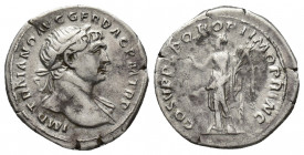 Trajan, 98-117 AD. AR, Denarius. Rome. 
Obv: IMP TRAIANO AVG GER DAC P M TR P. 
Laureate bust of Trajan, right. 
Rev. COS V P P S P Q R OPTIMO PRINC. ...