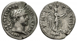 Trajan, 98-117 AD. AR, Denarius. Rome.
Obv: IMP CAES NERVA TRAIAN AVG GERM. 
Laureate head of Trajan, right, slight drapery on shoulder. 
Rev. P M TR ...