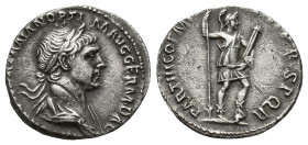 Trajan, 98-117 AD. AR, Denar. Rome.
Obv: [IMP CAES NER TR]AIAN OPTIM AVG GERM DAC. 
Laureate and draped bust of Trajan, right. 
PARTHICO P M TR P COS ...