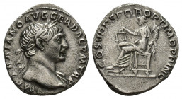 Trajan, 98-117 AD. AR, Denarius. Rome.
Obv: IMP TRAIANO AVG GER DAC P M TR P.
Laureate bust of Trajan, right; slight drapery on shoulder.
Rev: COS V P...