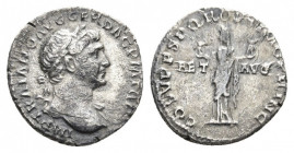 TRAJAN, 98-117 AD. AR, Denarius. Rome.
Obv: IMP TRAIANO AVG GER DAC P M TR P.
Head of Trajan; laureate, right.
Rev: COS V P P SPQR OPTIMO PRINC / AET ...
