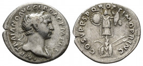 Trajan, 98-117 AD. AR, Denarius. Rome.
Obv: IMP TRAIANO AVG GER DAC P M TR P.
Laureate bust of Trajan; slight drapery, right.
Rev: COS V P P SPQR O...