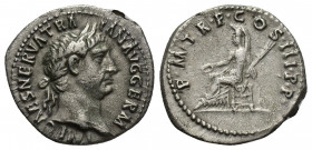 Trajan, 98-117 AD. AR, Denarius. Rome.
Obv. IMP CAES NERVA TRAIAN AVG GERM. 
Laureate head of Trajan, right.
Rev. P M TR P COS III P P. 
Vesta seated ...