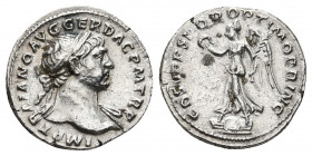 Trajan, 98-117 AD. AR, Denarius. Rome. 
Obv: IMP TRAIANO AVG GER DAC P M TR P. 
Laureate head of Trajan, right. 
Rev: COS V P P S P Q R OPTIMO PRINC.
...