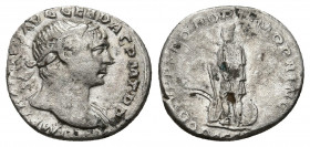 Trajan, 98-117 AD. AR, Denarius. Rome.
Obv: IMP TRAIANO AVG GER DAC P M TR P.
Laureate bust of Trajan, right.
Rev: COS V P P S P Q R OPTIMO PRINC / DA...
