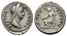 Sabina Augusta, 128-137 AD. AR, Denarius. Rome.
Obv: SABINA AVGVSTA. 
Draped bust of Sabina, right.
Rev: CONCORDIA AVG.
Concordia seated left on thron...