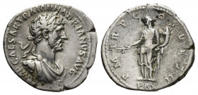 Hadrian, 117-138 AD. AR, Denarius. Rome.
Obv: IMP CAESAR TRAIAN HADRIANVS AVG.
Laureate and draped bust of Hadrian, right.
Rev: P M TR P COS II / P...
