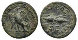 Hadrian, 117-138 AD. AE, Quadrans. Rome.
Obv: IMP CAESAR TRAIAN HADRIANVS AVG. 
Eagle standing right on thunderbolt, head left. 
Rev: P M TR P COS III...