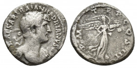 Hadrian, 117-138 AD. AR, Denarius. Rome.
Obv: IMP CAESAR TRAIAN HADRIANVS AVG.
Laureate bust of Hadrian, right.
Rev: P M TR P COS III.
Victory standin...