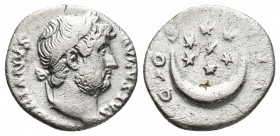 Hadrian, 117-138 AD. AR, Denarius. Rome.
Obv: HADRIANVS AVGVSTVS.
Laureate bust of Hadrian, right.
Rev: COS III.
Seven stars within crescent.
RIC...