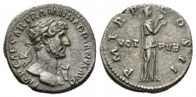 Hadrian, 117-138 AD. AR, Denarius. Rome.
Obv: IMP CAESAR TRAIAN HADRIANVS AVG.
Laureate bust of Hadrian, right.
Rev: P M TR P COS II / VOT - PVB.
...