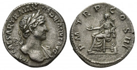 Hadrian, AD 117-138. AR, Denarius. Rome.
Obv: IMP CAESAR TRAIAN HADRIANVS AVG.
Laureate bust of Hadrian, right; slight drapery.
Rev: P M TR P COS I...