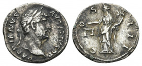 Hadrian, 117-138 AD. AR, Denarius. Uncertain eastern mint.
Obv: HADRIANVS AVGVSTVS P P.
Laureate head of Hadrian, right.
Rev: COS III.
Aequitas standi...
