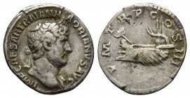 Hadrian, 117-138 AD. AR, Denarius. Rome.
IMP CAESAR TRAIAN HADRIANVS AVG.
Laureate and draped bust of Hadrian, right.
Rev: P M T R P COS III.
Galley l...