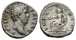Aelius Caesar, 136-138 AD. AR, Denarius. Rome.
Obv: L AELIVS CAESAR.
Bare head, right.
Rev: TR POT COS II / CONCORD.
Concordia seated left, holding pa...