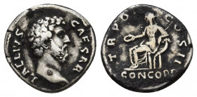 Aelius Caesar, 136-138 AD. AR, Denarius. Rome.
Obv: L AELIVS CAESAR.
Bare head, right.
Rev: TR POT COS II / CONCORD.
Concordia seated left, holdin...