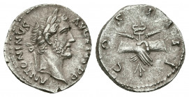 Antoninus Pius, 138-161 AD. AR, Denarius. Rome.
Obv: ANTONINVS AVG PIVS P P.
Laureate head of Antoninus Pius, right.
Rev: COS IIII.
Clasped hands, hol...