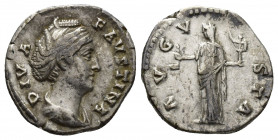 Diva Faustina Senior, 140/1 AD. AR, Denarius. Rome. 
Obv: DIVA FAVSTINA. 
Draped bust of Diva Faustina, right. 
Rev. AVGVSTA.
Vesta standing front, he...