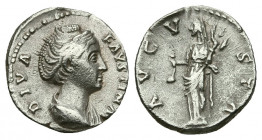 Diva Faustina Senior, 140/1 AD. AR, Denarius. Rome.
Obv: DIVA FAVSTINA.
Draped bust of Diva Faustina, right.
Rev. AVGVSTA.
Vesta standing front, h...