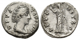 Diva Faustina, died 140/1. AR, Denarius. Rome.
Obv: DIVA FAVSTINA.
Draped bust of Diva Faustina, right.
Rev. AETERNITAS.
Aeternitas standing front...
