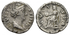 Diva Faustina I, 140-141 AD. AR, Denarius. Rome.
Obv: DIVA FAVSTINA 
Draped bust of Faustina, right. 
Rev: AVGVSTA. 
Vesta, veiled and seated left, ho...