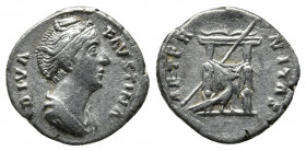 Diva Faustina I, Died 140/1. AR, Denarius. Rome.
Obv: DIVA FAVSTINA.
Draped bust of Faustina, right.
Rev: AETERNITAS.
Draped throne against which rest...