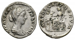 Diva Faustina II, Died 176. AR, Denarius. Rome.
Obv: DIVAE FAVSTINAE PIAE.
Veiled and draped bust of Faustina, right.
Rev: MATRI CASTRORVM.
Faustina s...