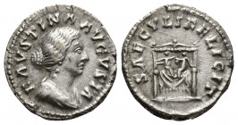 Faustina II, Augusta, 147-175 AD. AR, Denarius. Rome.
Obv: FAVSTINA AVGVSTA.
Bust of Faustina II, hair waved and draped, right.
Rev: SAECVLI FELICIT.
...
