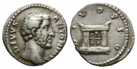 Divus Antoninus Pius, died AD 161. AR, Denarius. Rome, under Marcus Aurelius and Lucius Verus, AD 161-162. 
Obv: DIVVS ANTONINVS. 
Bare head of Antoni...