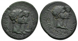 Kings of Thrace. Rhoemetalkes I and Pythodoris, with Augustus and Livia, circa 11 BC-12 AD. AE.
Obv: KAIΣAPOΣ ΣEBAΣTOY.
Jugate heads of Augustus, la...