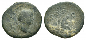Uncertain mint of Asia Minor. Titus as Caesar (reign of Vespasian 77-78 AD). AE. “Judaea Capta” commemorative.
Obv: T CAES[AR IMPEP (sic) PONT].
Lau...