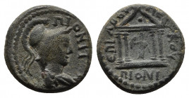 Troas, Pionia. Autonomous Issue. Circa 2nd Century AD. AE. Louperkos magistrate.
Obv: ΠΙOΝΙΤΩΝ.
Draped bust of Athena, right.
Rev: ƐΠΙ ΛOVΠΠƐΡΚOV Π...