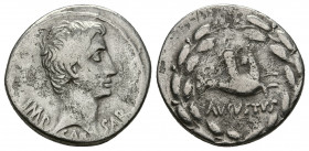 Ionia, Ephesos. Augustus, 27 BC-AD 14. Struck circa 25 BC. AR, Cistophoric Tetradrachm.
Obv: IMP•CAESAR.
Bare head of Augustus, right.
Rev: AVGVSTV...