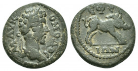 Ionia, Ephesos. Commodus, 180-192 AD. AE.
Obv: M AΥ K-OMOΔOC.
Laureate head of Commodos, right.
Rev: EΦE[Σ]/IΩN.
Boar, right.
SNG Cop. 410.
Cond...