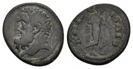 Lydia, Maionia. Pseudo-autonomous issue, 161-180 AD.
Obv: Bearded head of Herakles left.
Rev: MAIO-NΩN.
Omphale walking right, wearing lion skin an...