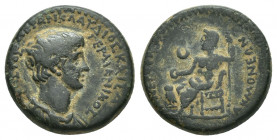 Phrygia, Acmoneia. Nero, 54 – 68 AD. AE. Servenius Capito, magistrate.
Obv: ΑΥΤΟΚΡΑΤΩΡ ΝΕΡΩΝ ΚΛΑΥΔΙΟΣ ΚΑΙΣΑΡ ΣΕΒΑΣΤΟΣ ΓΕΡΜΑΝΙΚΟΣ.
Bust of Nero, drap...