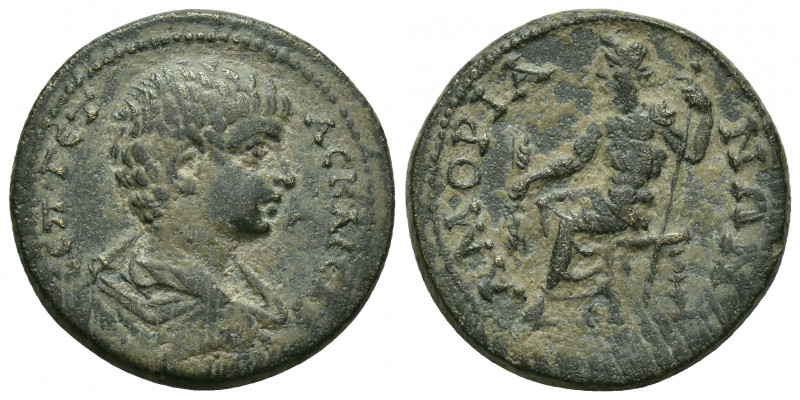 Phrygia, Amorium. Geta Caesar, 198-209 AD. AE.
Obv: Π CЄΠ ΓЄTAC KAICAP.
Barehe...
